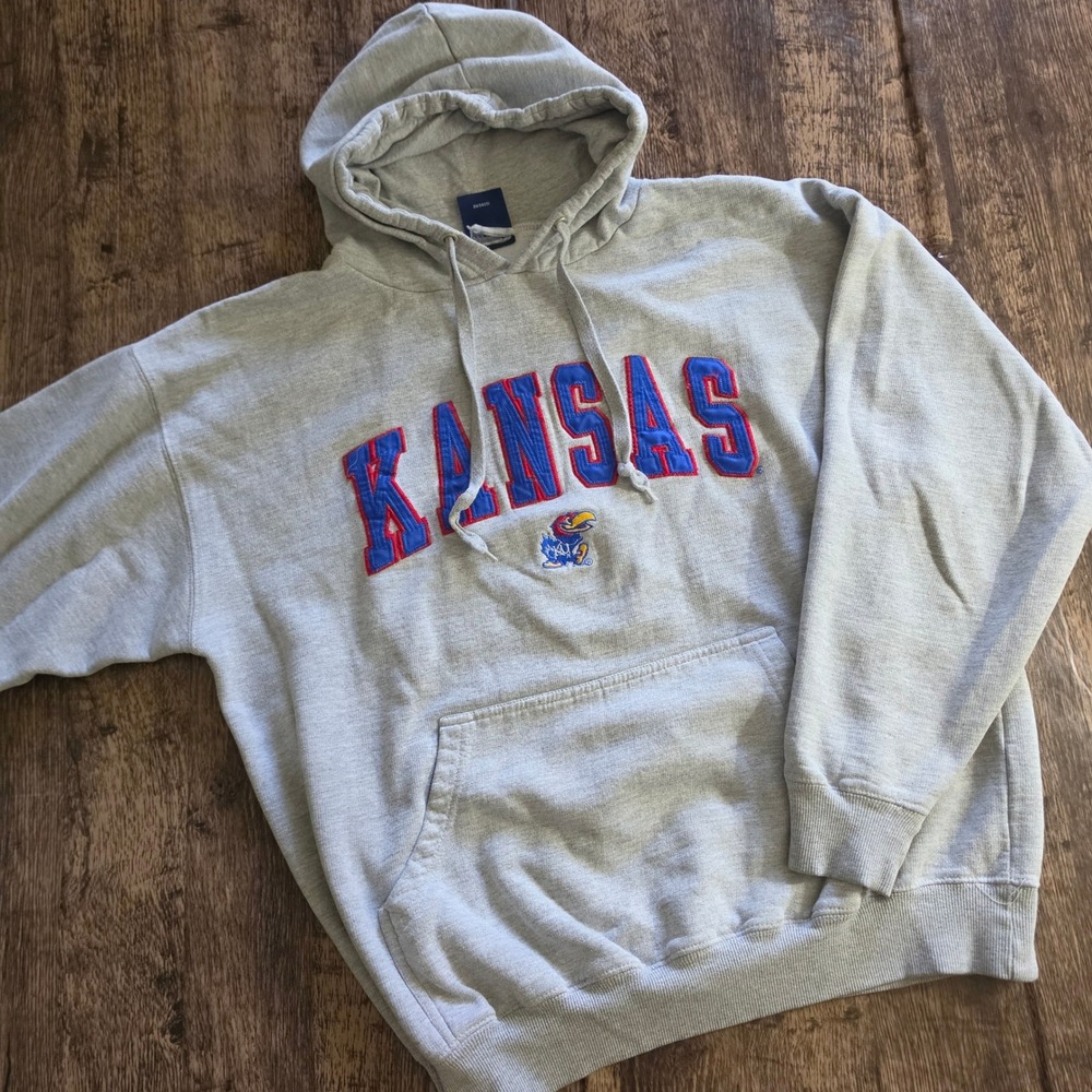 OLD VARSITY BRAND Hoodie‎ Mens L Gray Kansas Jayhawks Embroidered Vintage